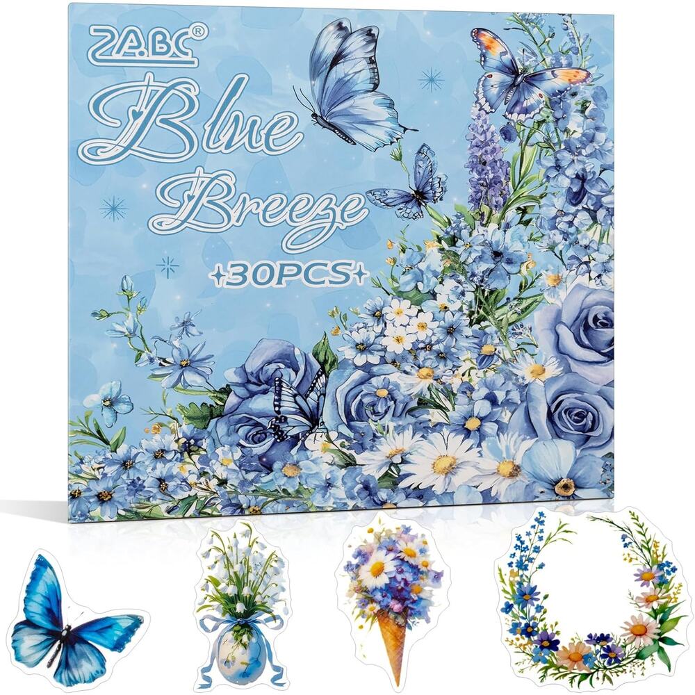 Blue Butterfly Scrapbooking Stickers Junk Journal PET Vintage Floral 30 Sheets